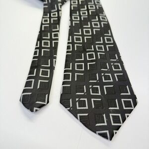 Giorgio Armani Mens Silk Tie Black Silver Geometric Square Pattern Made in Italy
